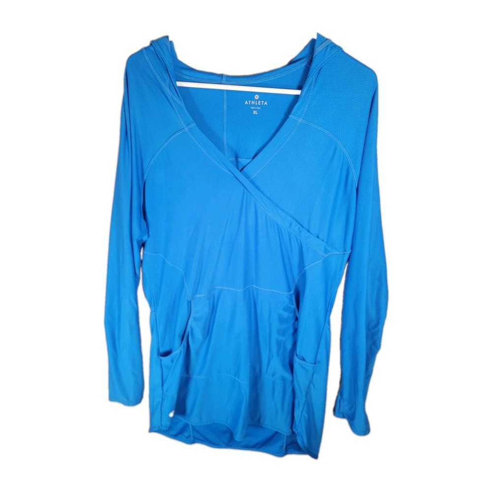 Athleta Wick-It Wader Hoodie Dress XL Blue Swim Cover Up Tunic Pockets Rashguard